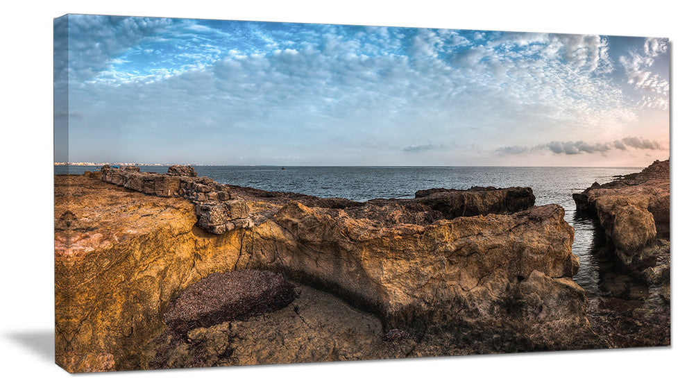 "Rough Rocky Coast Under Blue Sky" Oversized Beach Canvas Artwork, 40"x20"