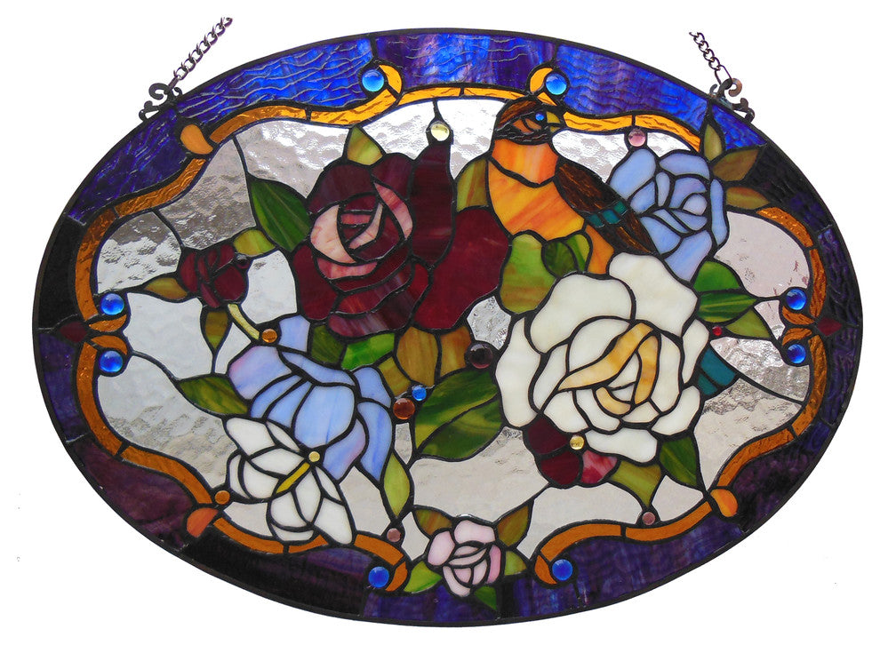 ALYSSA Tiffany-glass Roses/Bird Window Panel 24x18