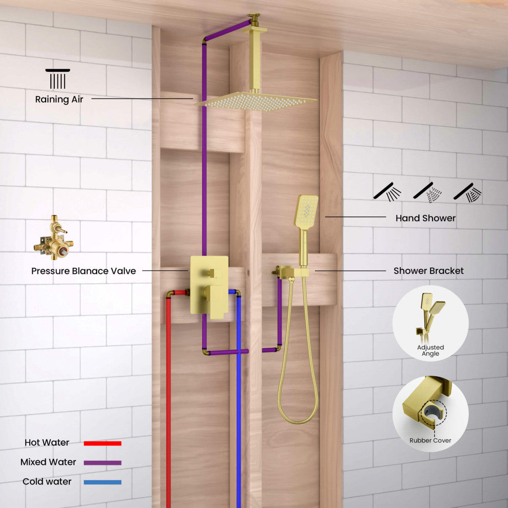 Ceiling Mounted 2-Function Shower System, Rough, Valve, Brushed Gold