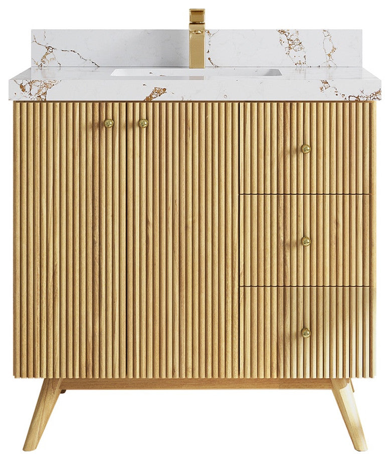 Pasadena 36 Center Sink Bath Vanity in Light Natural Teak 2" Viola Gold