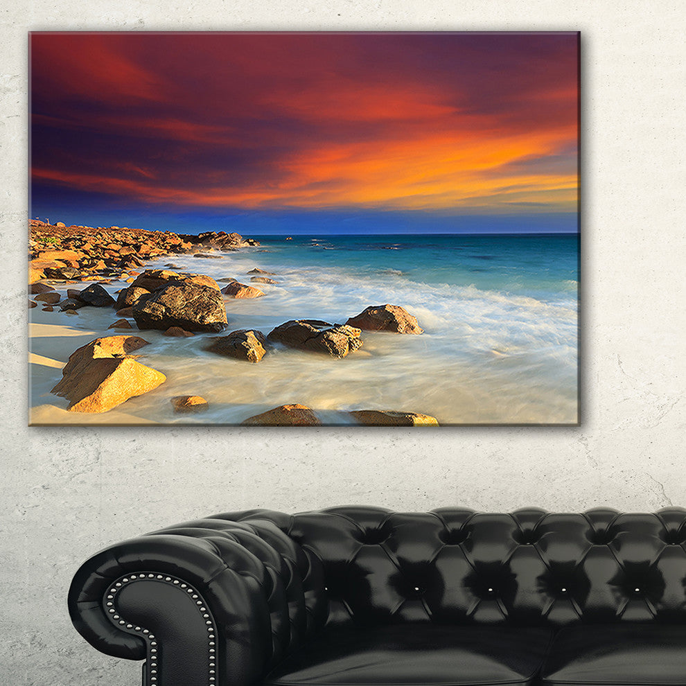 "Beach With Stones On Foreground" Seascape Art Canvas, 40"x30"