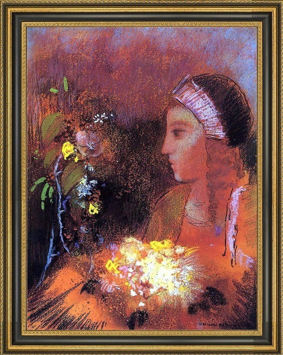Odilon Redon Woman with Flowers - 21" x 28" Framed Premium Canvas Print