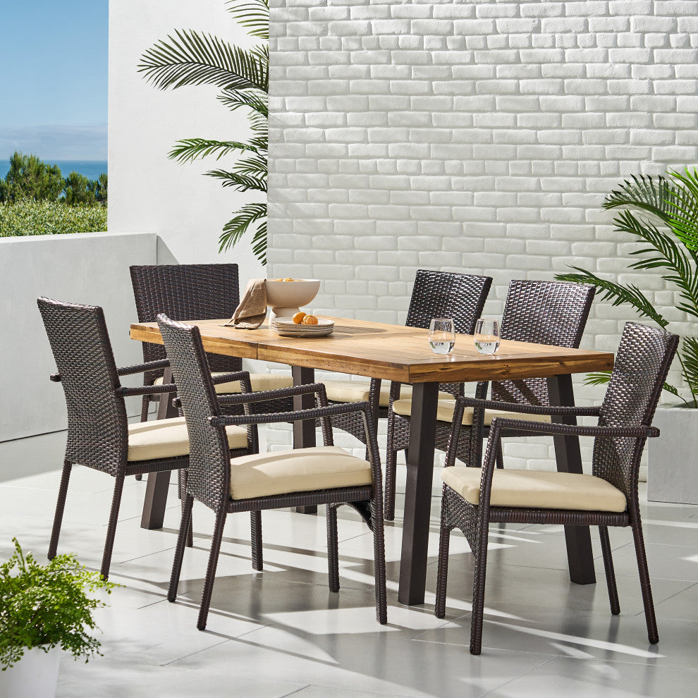 GDF Studio Castlelake Outdoor 7-Piece Dining Set with Acacia Wood Table