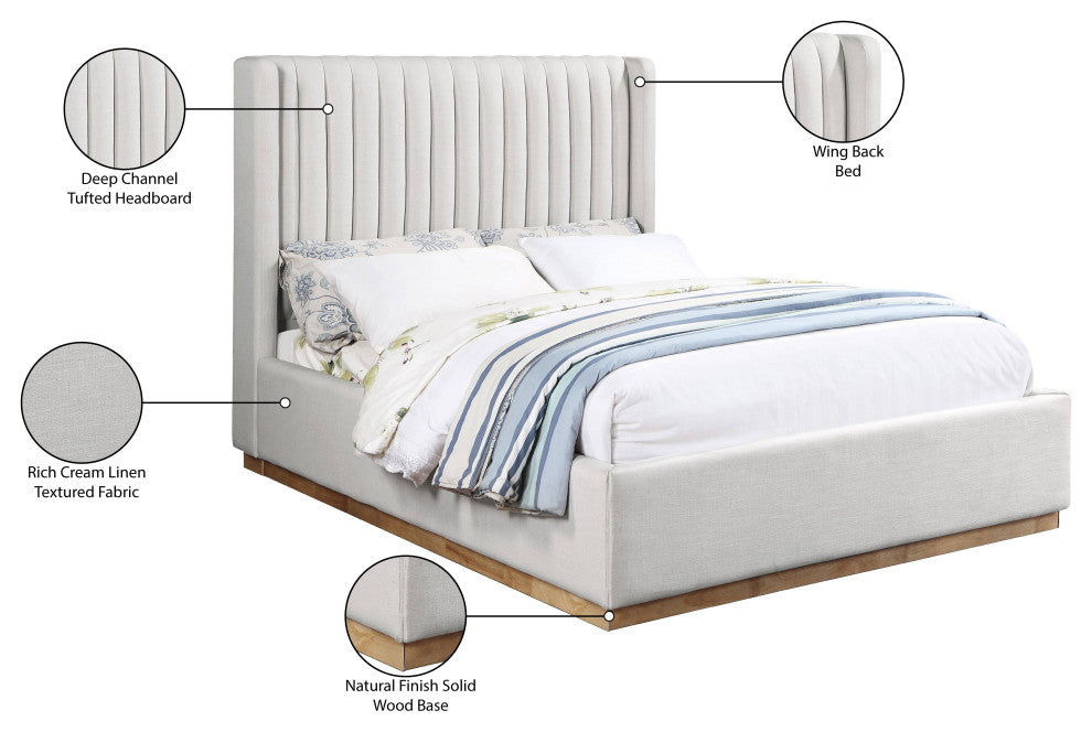 Logan Beige Linen Textured Fabric Twin Bed, Cream, Full