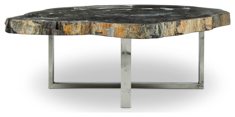 Relique Eliza Coffee Table, Polished Stainless Steel Base, Natural Dark Top