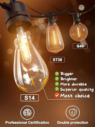 50FT LED Outdoor String Lights with Edison Shatterproof Bulbs