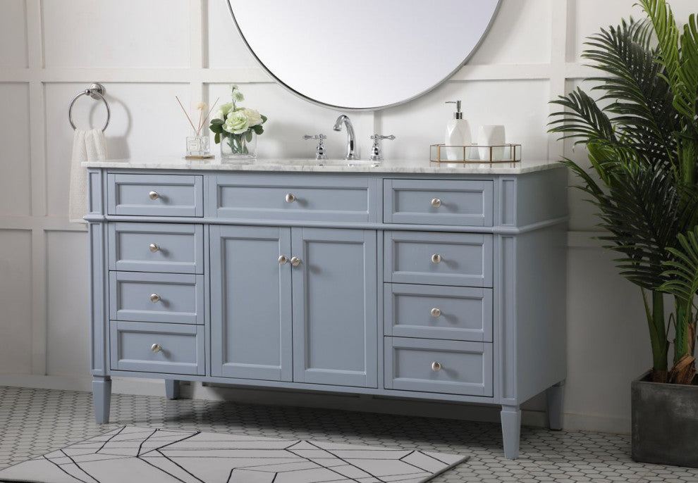 Home Living Vanity with Carrara White Marble Countertop, Gray, 60", Single Sink