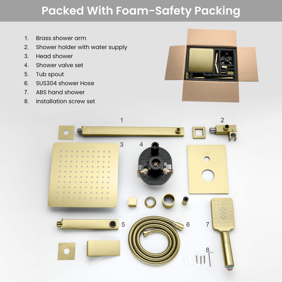Cube Pressure 3-Function Shower System, Rough-In Valve, Brushed Gold