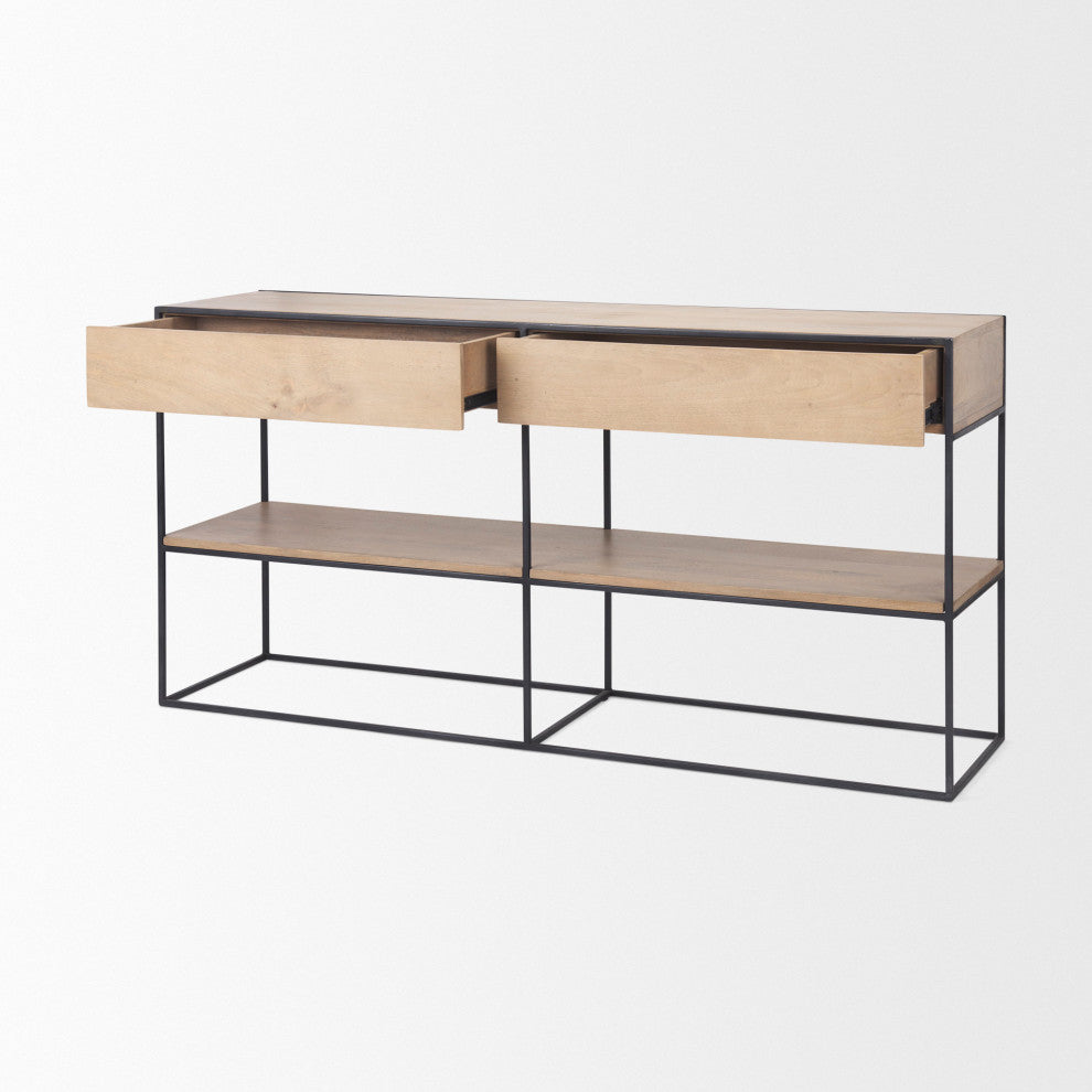 Morris Beige Wood With Black Metal Frame 2 Drawer Console Table