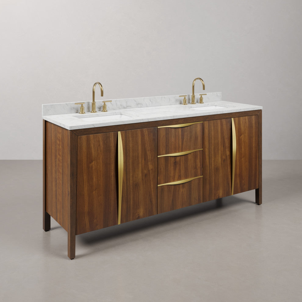 Ferrero Marble Top Bath Vanity, Nori Juglans, 72, Double Sink, Satin Gold Faucet