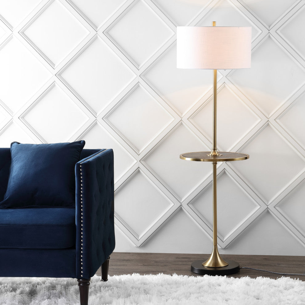 Luce Metal, Wood LED Floor Lamp With Table, Black, Brass, 59"