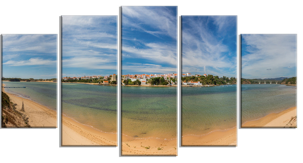 "Portuguese Maritime Village Panorama" Seashore Wall Art, 5 Panels, 60"x32"