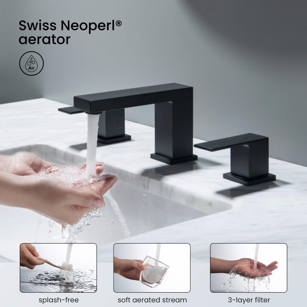 Cube 8" Widespread Bathroom Sink Faucet With Drain Assembly, Matte Black