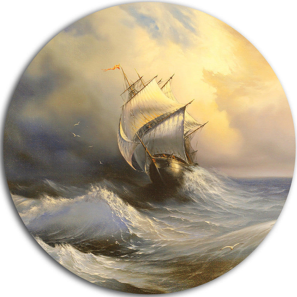 Vessel In Stormy Sea, Seascape Disc Metal Artwork, 36"