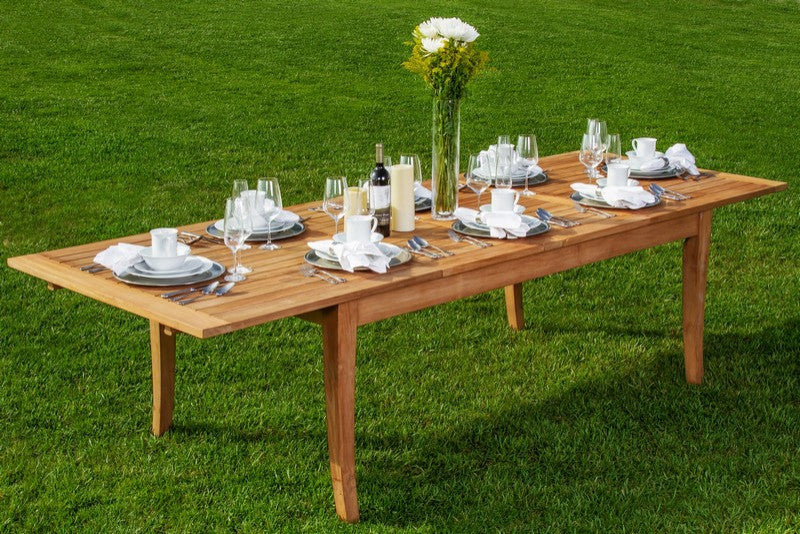 9-Piece Outdoor Teak Dining Set, 122" X-Large Rectangle Table, 8 Osbo Arm Chairs