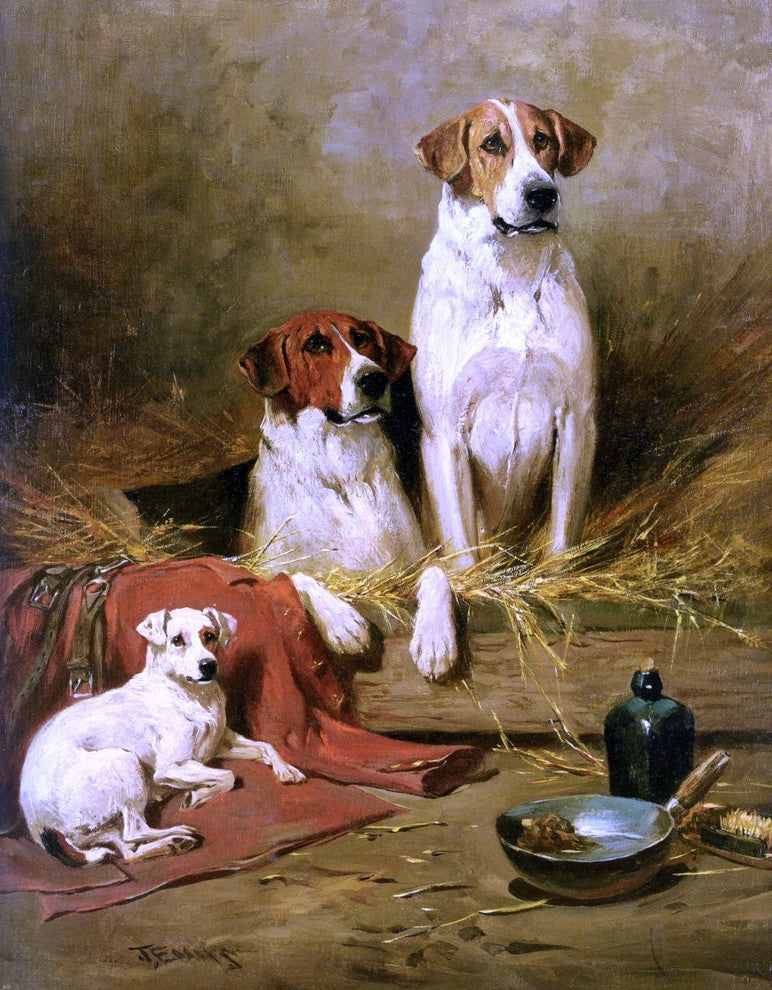 John Emms Foxhounds and a Terrier - 21" x 28" Premium Canvas Print
