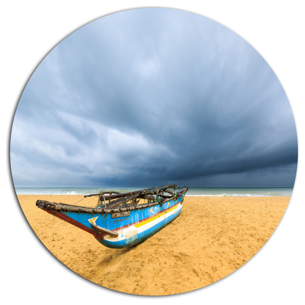 Fishing Boat On Beach With Dark Clouds, Seashore Round Wall Art, 23"