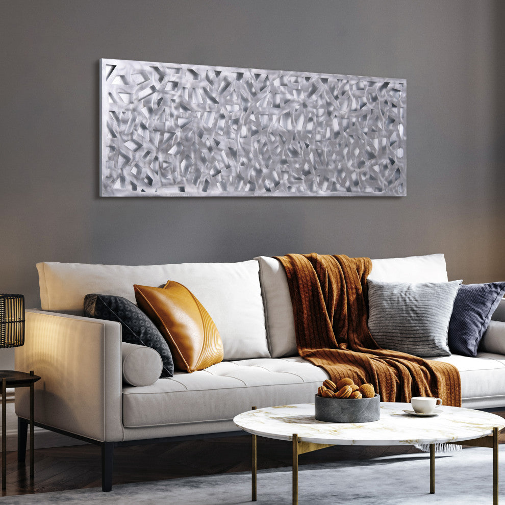 "Silver Enigma" Polished Steel Sculpture Abstract Wall Art, Silver Leaf, 72"x22"