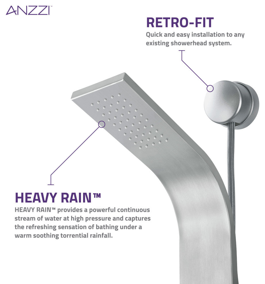 Aura 2-Jetted Shower Panel With Heavy Rain Shower and Spray Wand, Brushed Steel