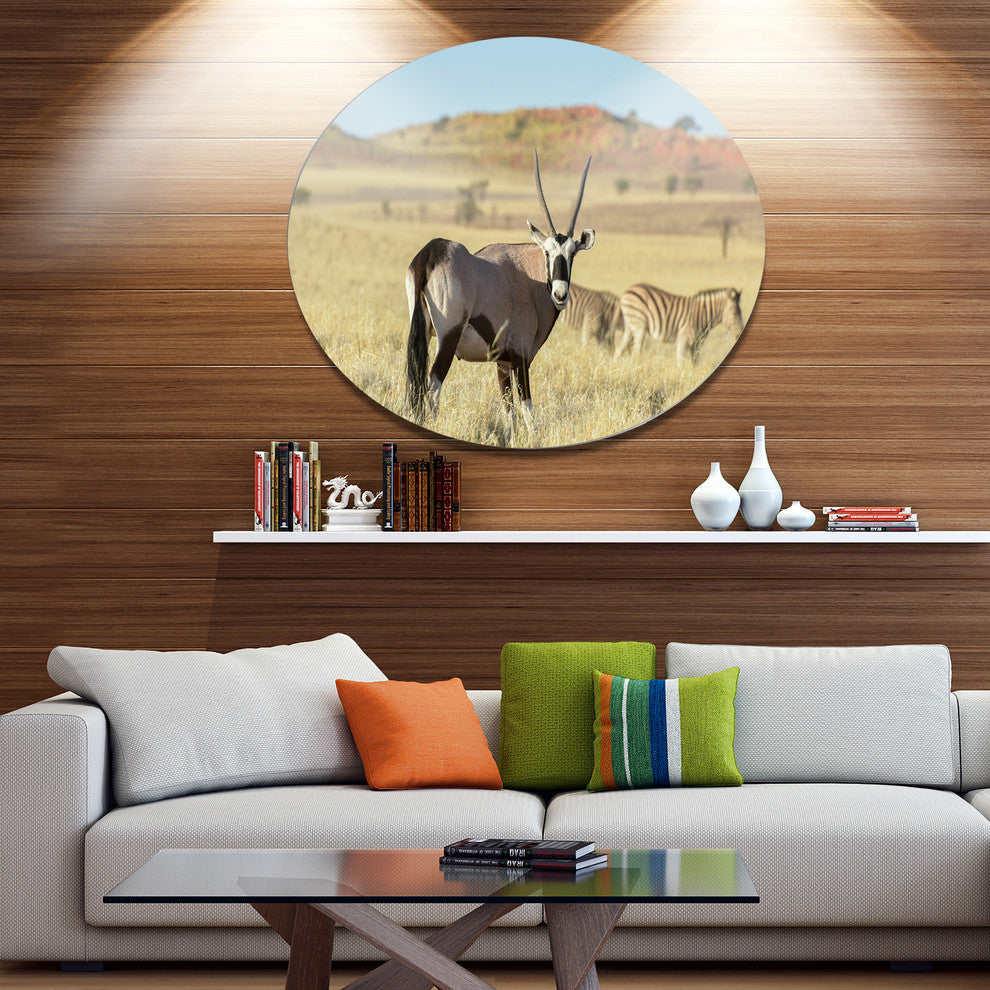 Wildlife In Namibia Grassland, African Round Metal Wall Art, 23"