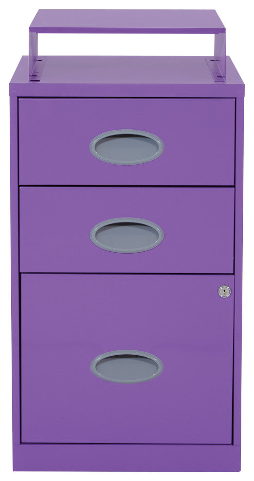 3 Drawer Locking Metal File Cabinet With Top Shelf, Purple