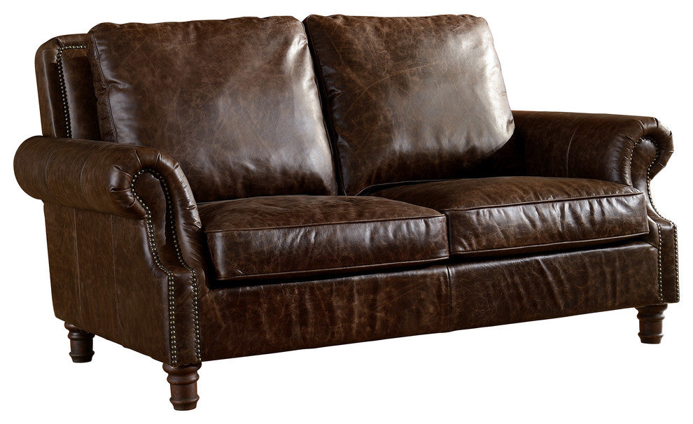 Leather English Rolled Arm Love Seat, Dark Brown