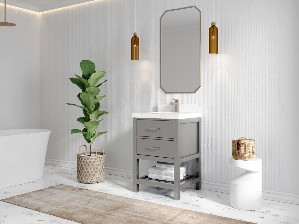 Parker 24" Single Sink Bath Vanity, Elephant Skin Gray 2" Calacatta Sienna
