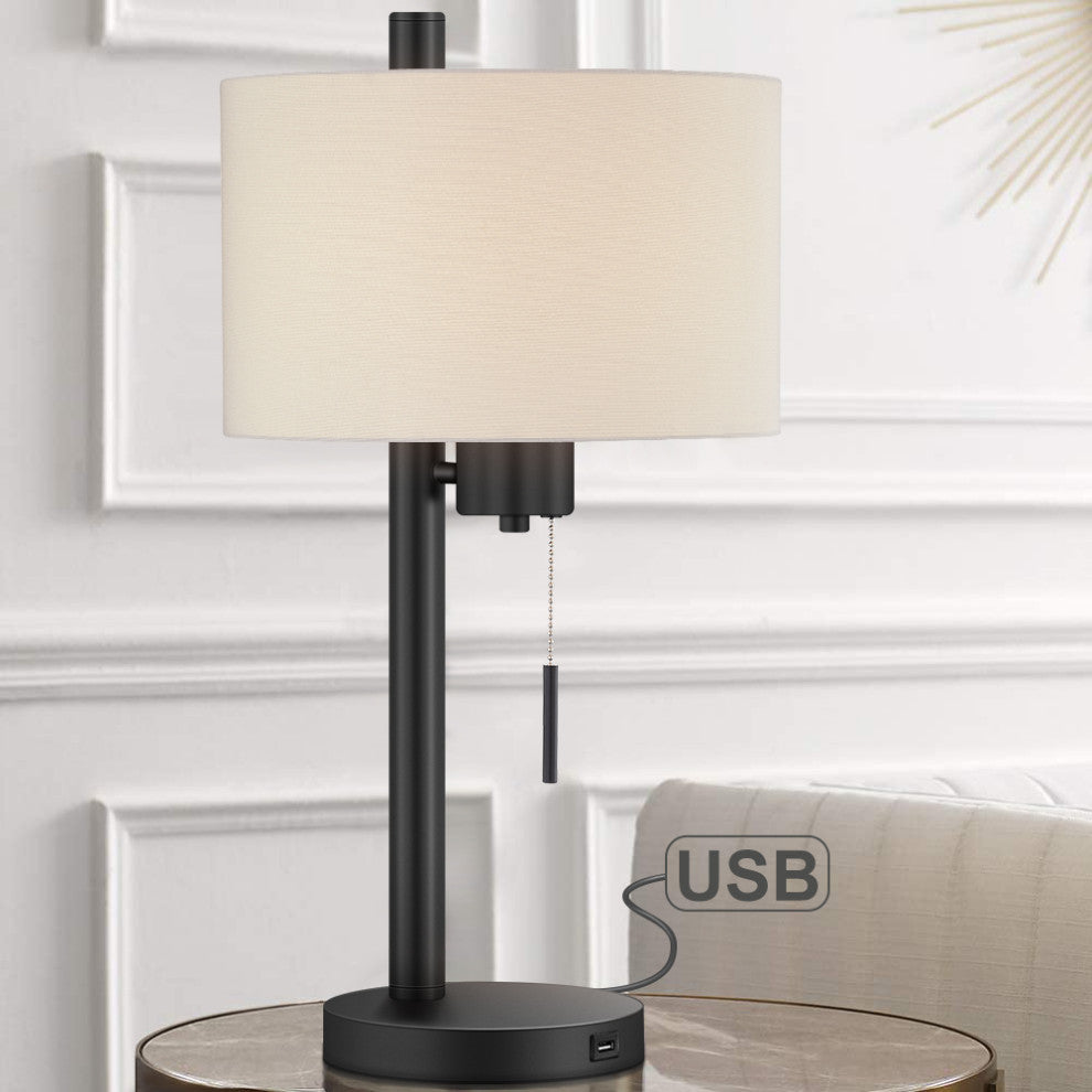 23-in Black Modern Table Lamp With USB Port and White Linen Shade