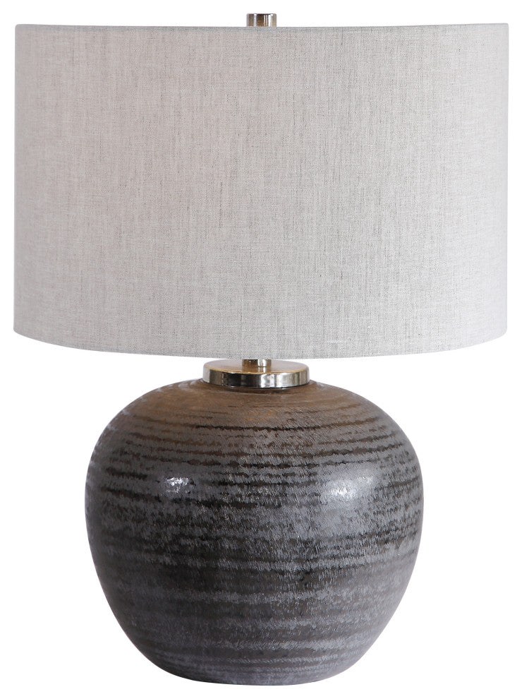 Rustic Round Charcoal Brown Table Lamp, Ceramic Sphere Vintage Style Cottage