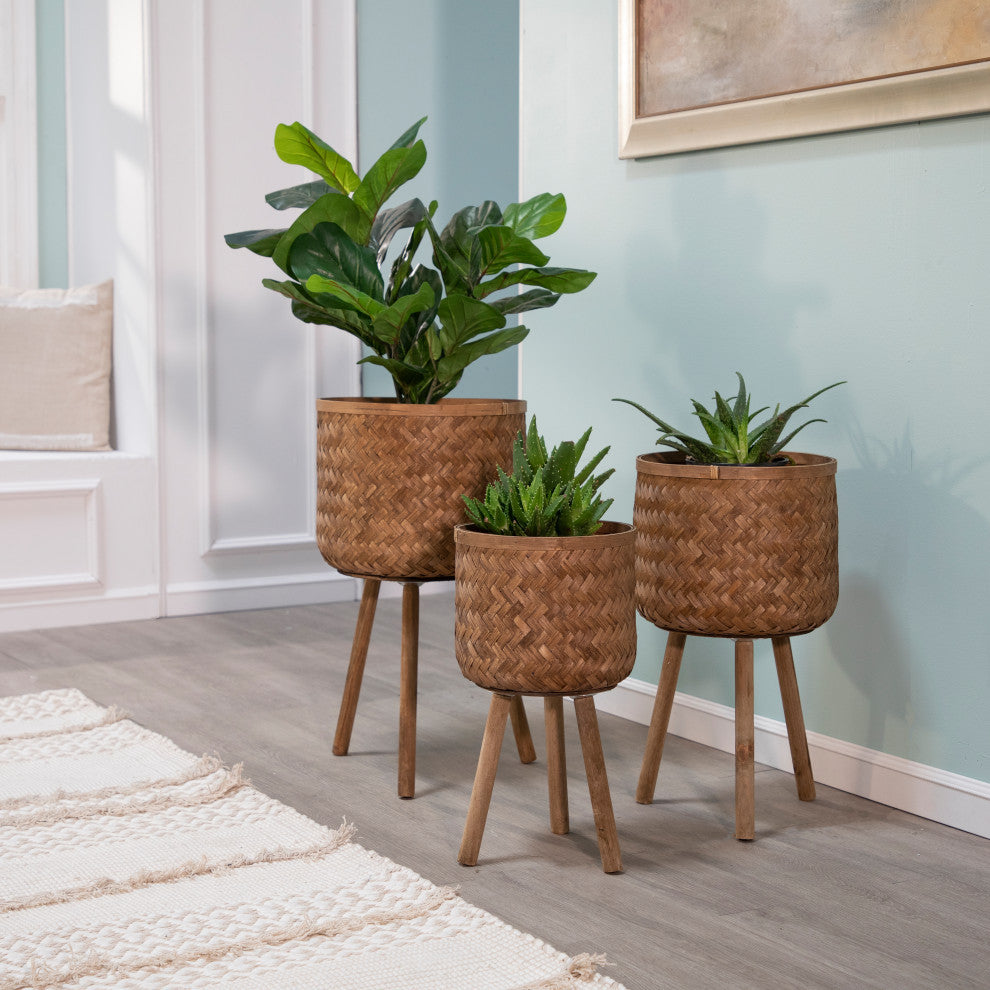 3-Piece Set Bamboo Planters Brown