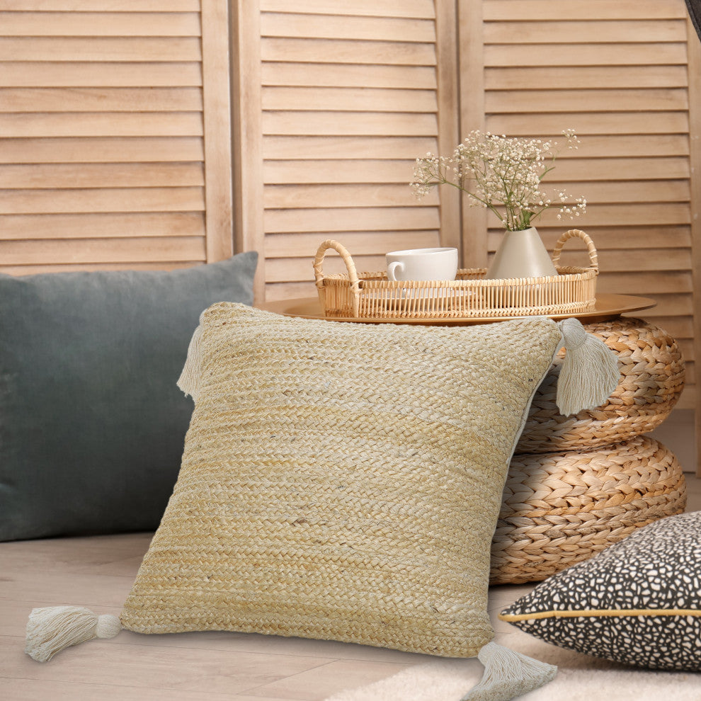 Natural Jute Throw Pillow with Tassels