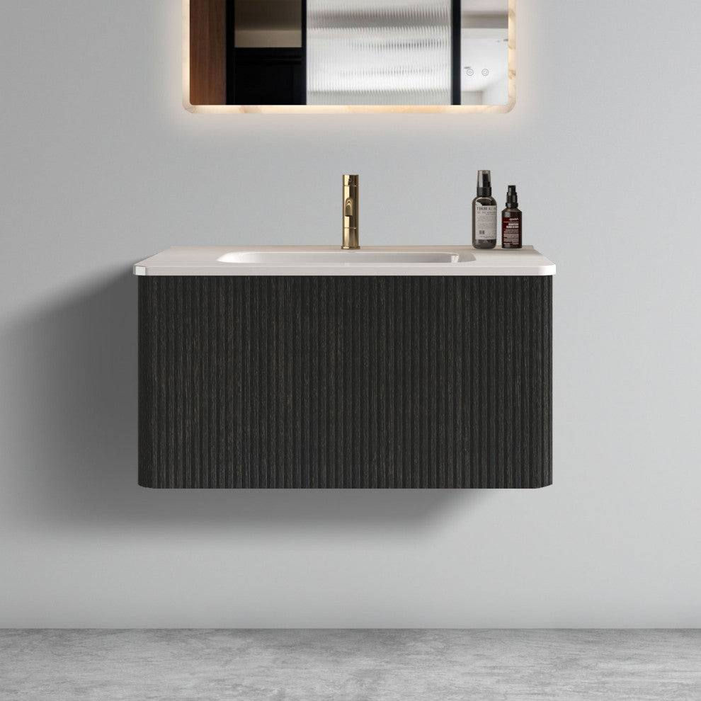 Wall-Mounted Bathroom Vanity Set with White Ceramic Sink, 30"