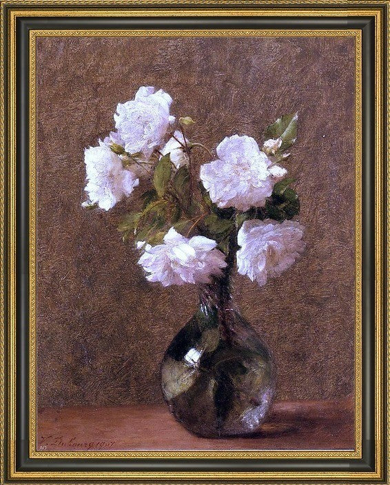 Victoria Dubourg FantinLatour White Roses in a Vase Framed Canvas Print, 21"x28"