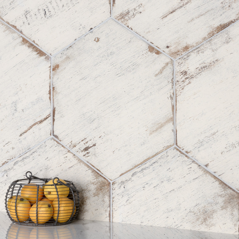 Retro Hex Porcelain Floor and Wall Tile, Blanc