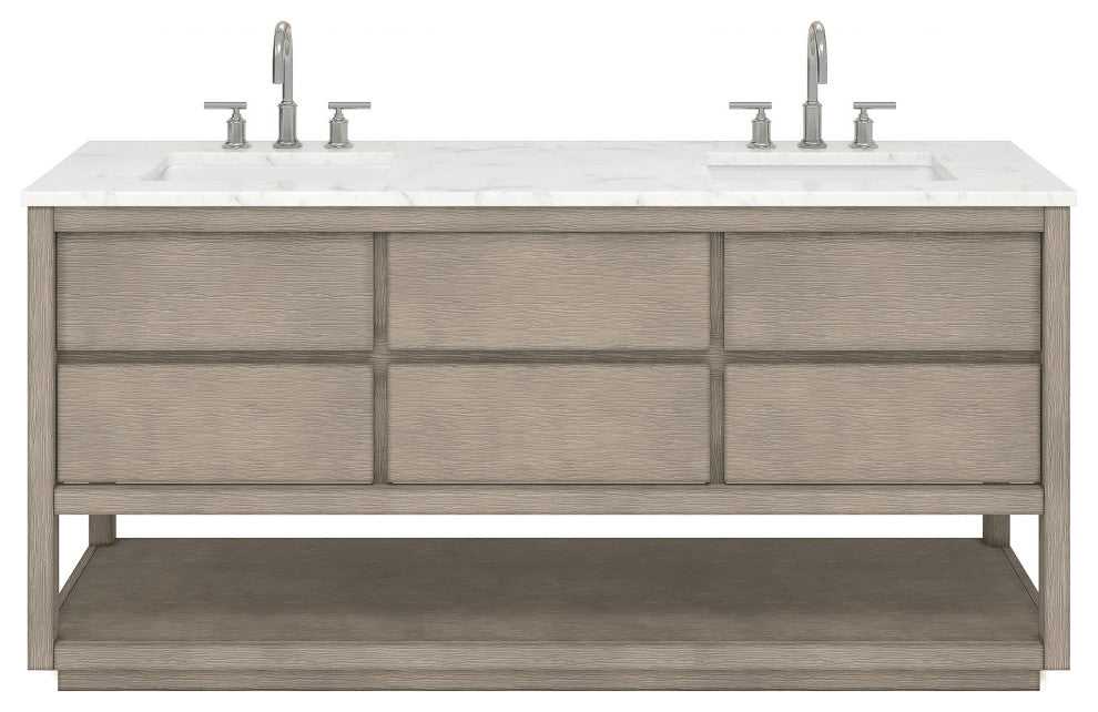 Oakman Marble Top Vanity in Grey Oak with Faucet, 72", Vanity With Chrome Faucet