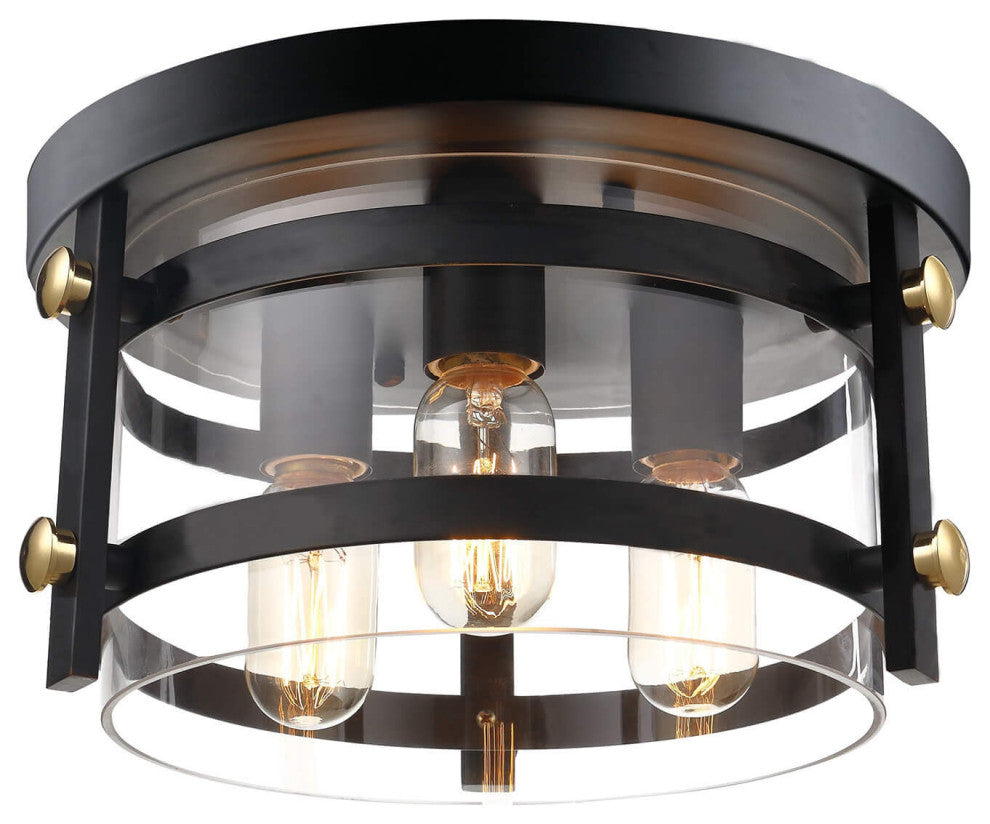 April Clear Glass 13" W 3-light Black Flush Mount
