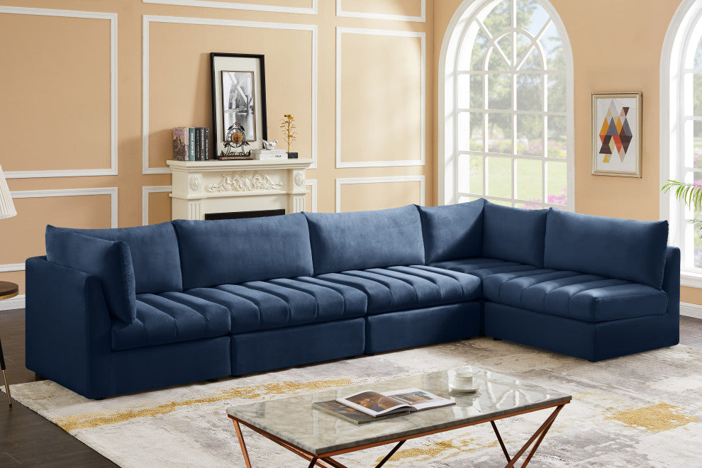 Jacob Velvet Upholstered 5-Piece L-Shaped Modular Sectional, Navy