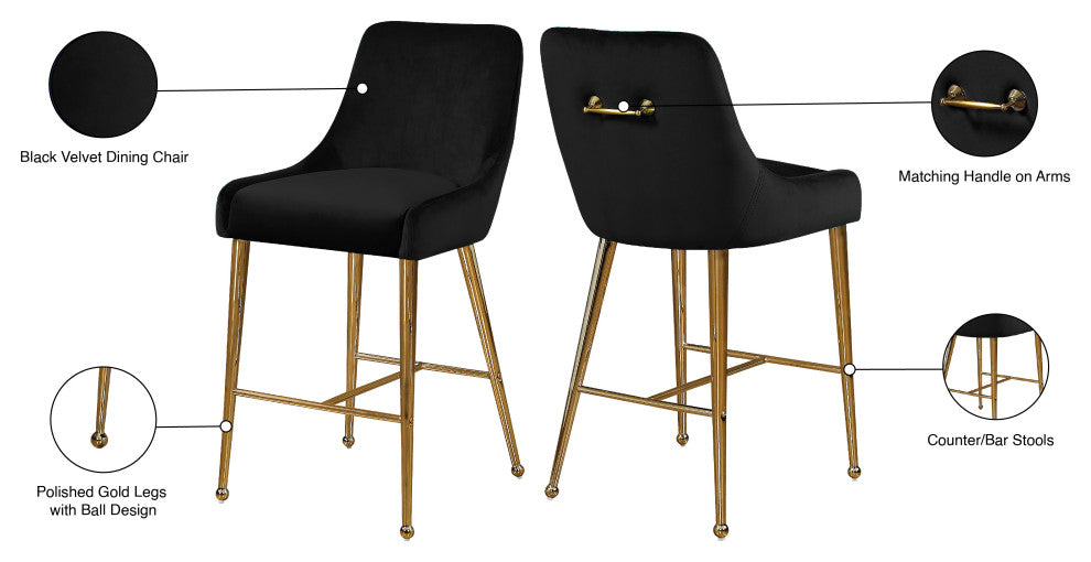 Owen Velvet Upholstered Stool (Set of 2), Black