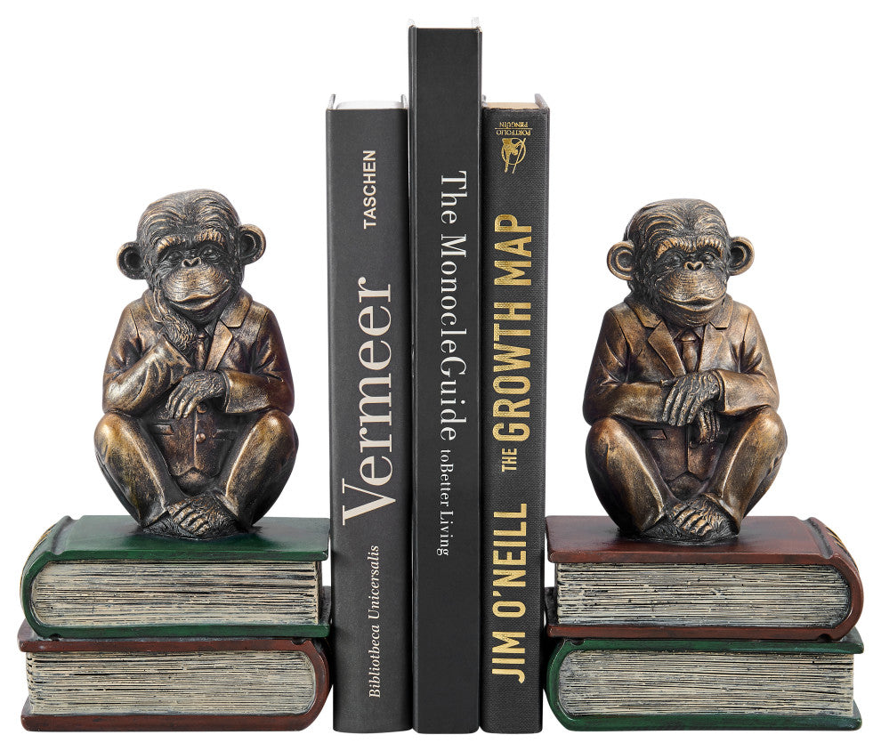 Danya B. Monkeys on Books Polyresin Antique Patina Finish Bookend Set of 2
