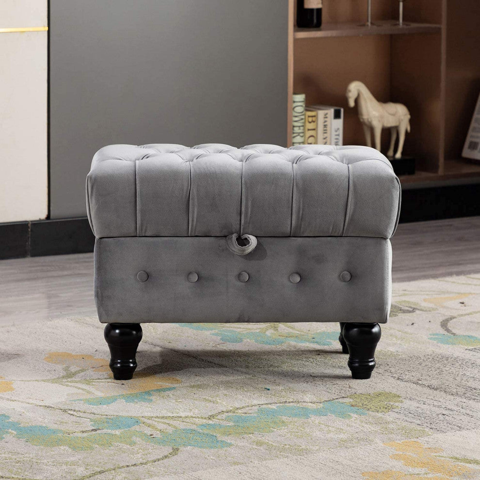 Button Tufted Upholstery Footstool for Bedroom and for Living Room, Grey