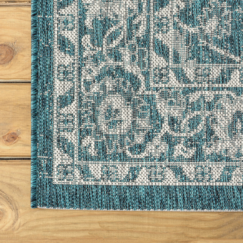 Palazzo Vine and Border Textured Weave Indoor and Outdoor Area Rug, Teal and Gra