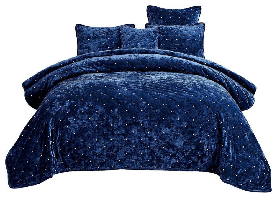 Velvet Dreams Dark Blue Plush Diamond Tufted Bedspread, King