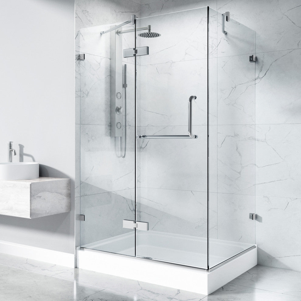 VIGO Monteray 32"D x 48"W x 79"H Frameless Hinged Shower Enclosure, Chrome, Left Base