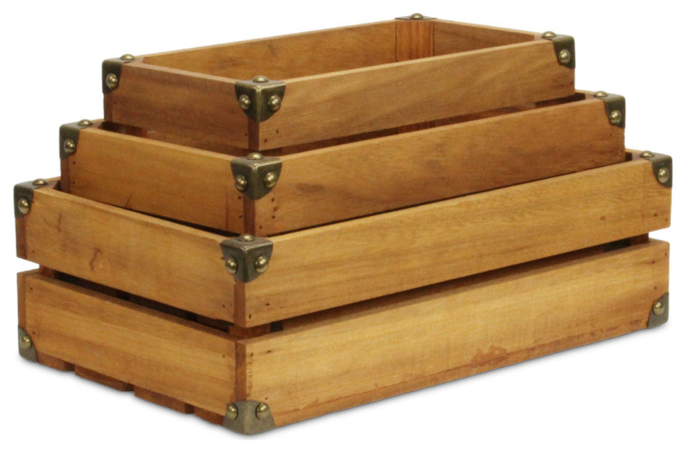 Rustic Farmstead Medium Brown Studded Wood Crate Set