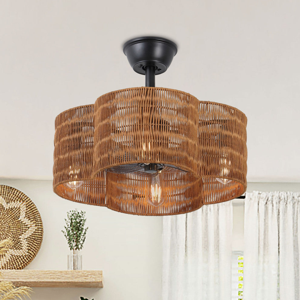 GetLedel 19.7" Scalloped Rattan Ceiling Fan With Remote and Light, Brown