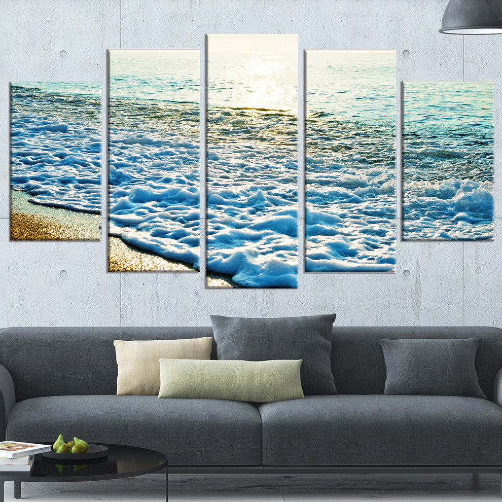 "Bright Blue Tranquil Seashore" Beach Canvas Wall Art, 5 Panels, 60"x32"