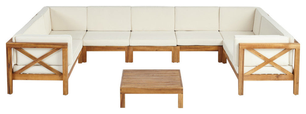 Isabella Outdoor 9 Seater Acacia Wood Sectional Sofa Set, Beige