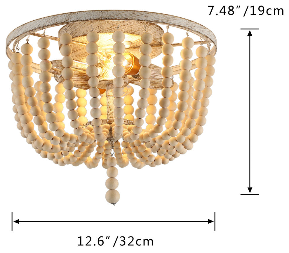2-Lights Antique Rustic Wood Beaded Flush Mount Light