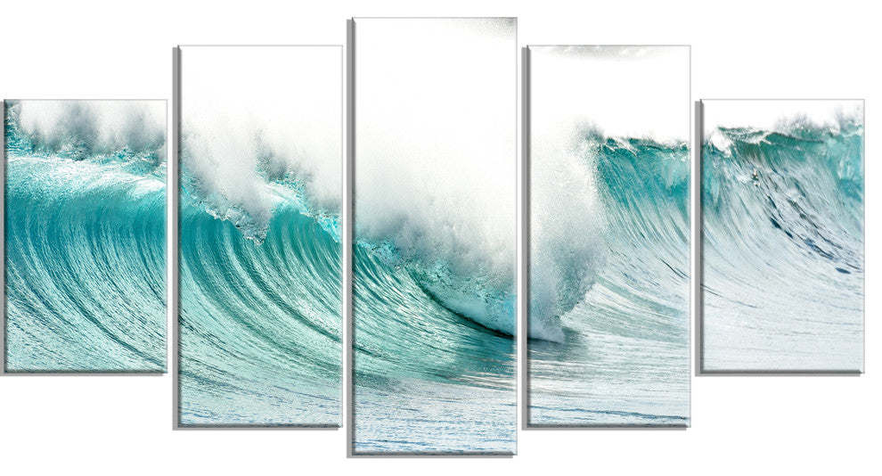 "Massive Blue Waves Breaking Beach" Seascape Wall Art, 5 Panels, 60"x32"