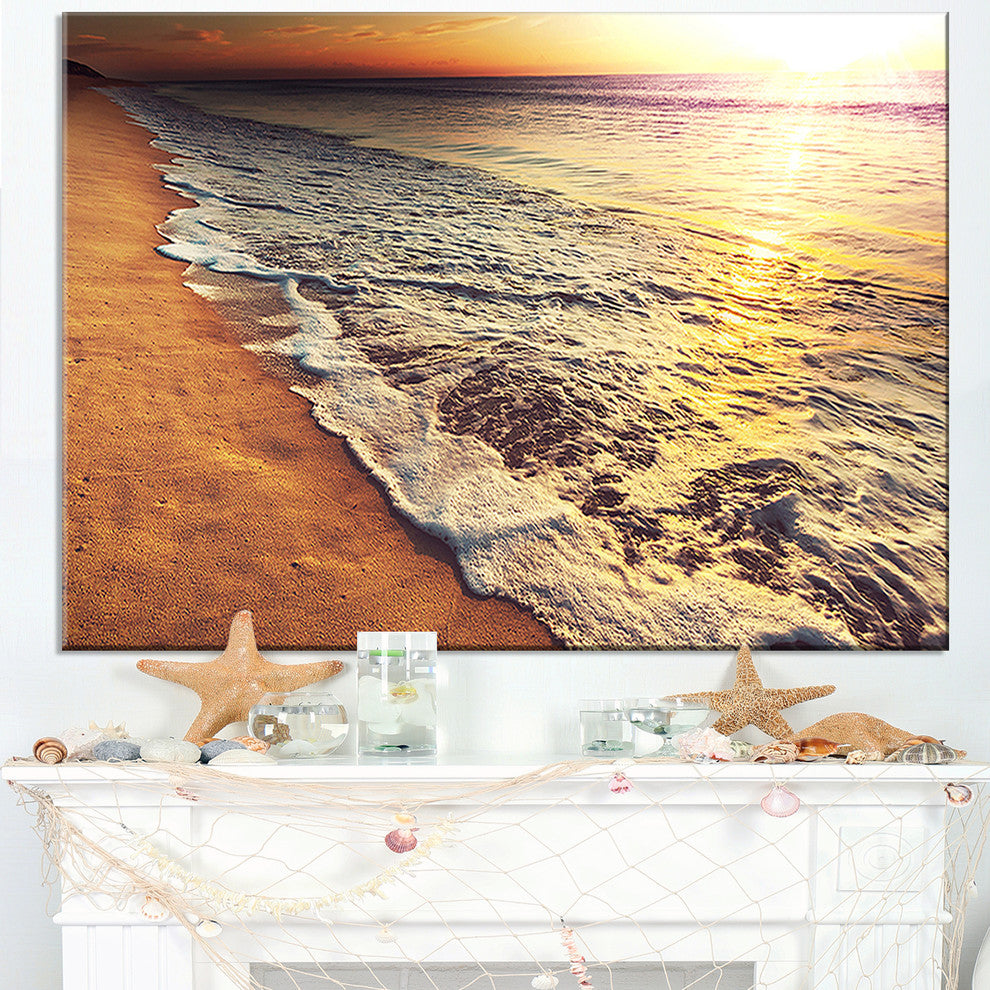 "Foaming Waves At Sea Sunset" Modern Beach Canvas Art Print, 40"x30"